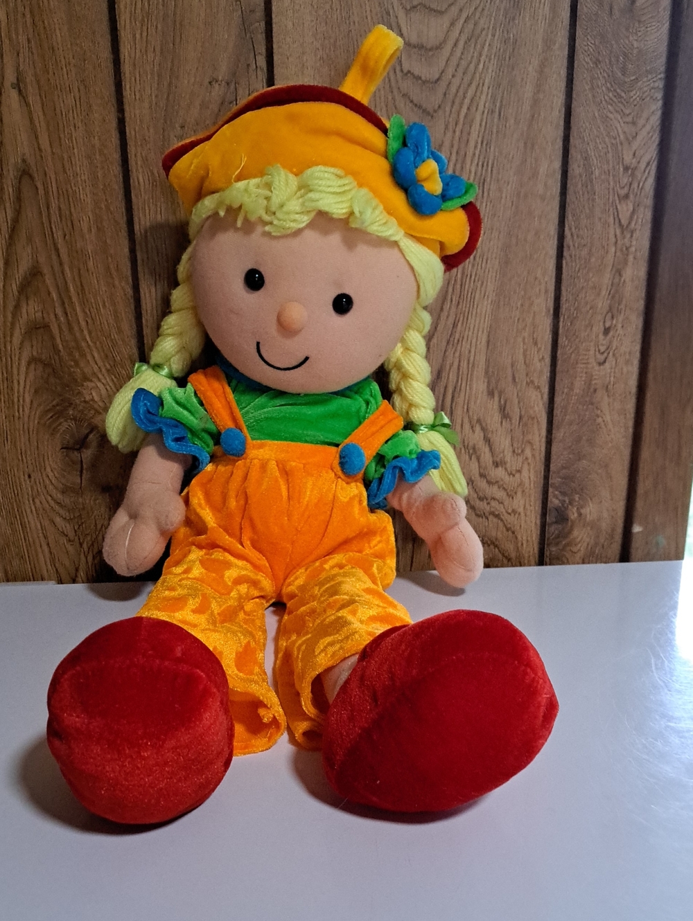 Plush Goffa Garden Girl Doll in Dk Yellow Hat and Orange Overalls  23 inches